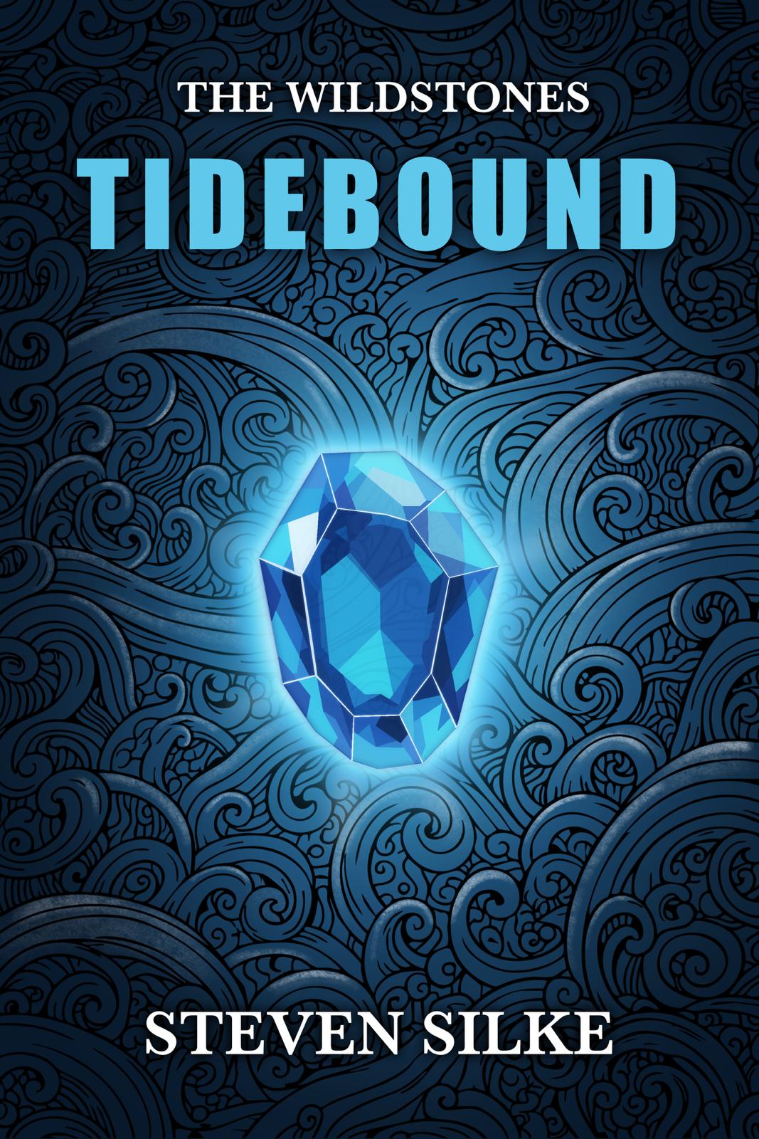 Tidebound book cover by John McCord featuring a glowing blue gemstone surrounded by swirling ocean waves